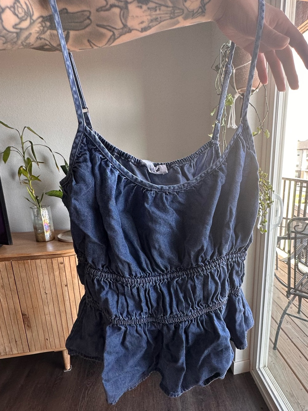 Women's Blue Spaghetti Strap Smocked Waist Tank Top